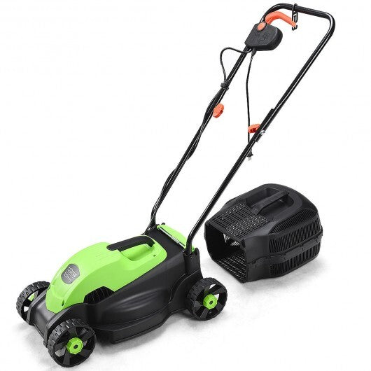 13 Inch Electric Push Lawn Corded Mower with Grass Bag-Green W2B