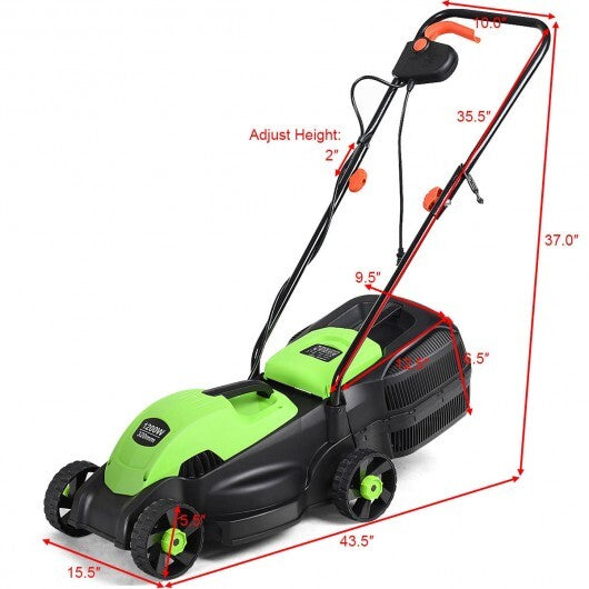 13 Inch Electric Push Lawn Corded Mower with Grass Bag-Green W2B
