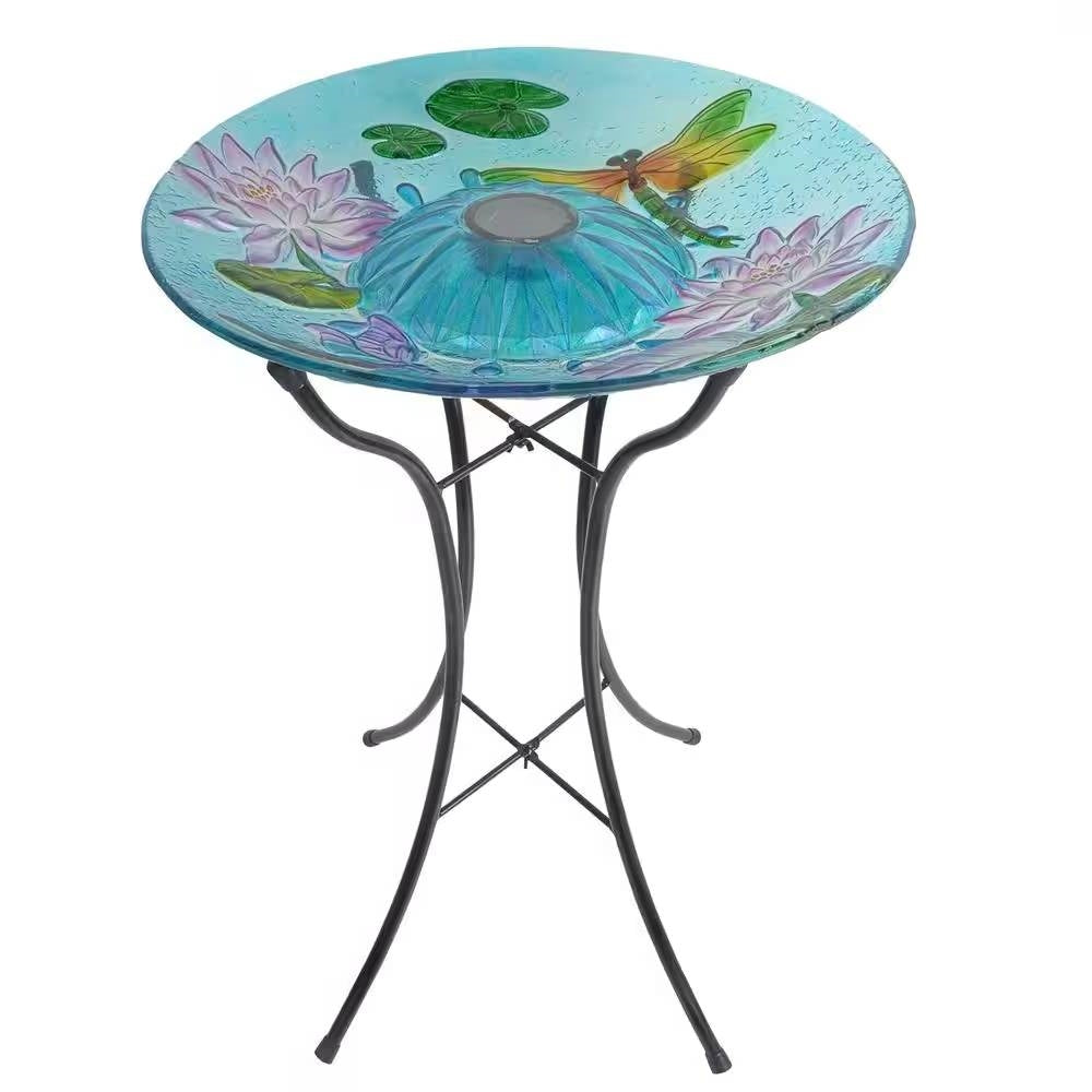 Outdoor Glass Bowl Bird Bath with Black Metal Stand and Solar Powered Light FastFurnishings
