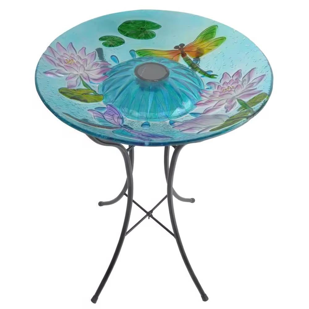 Outdoor Glass Bowl Bird Bath with Black Metal Stand and Solar Powered Light FastFurnishings