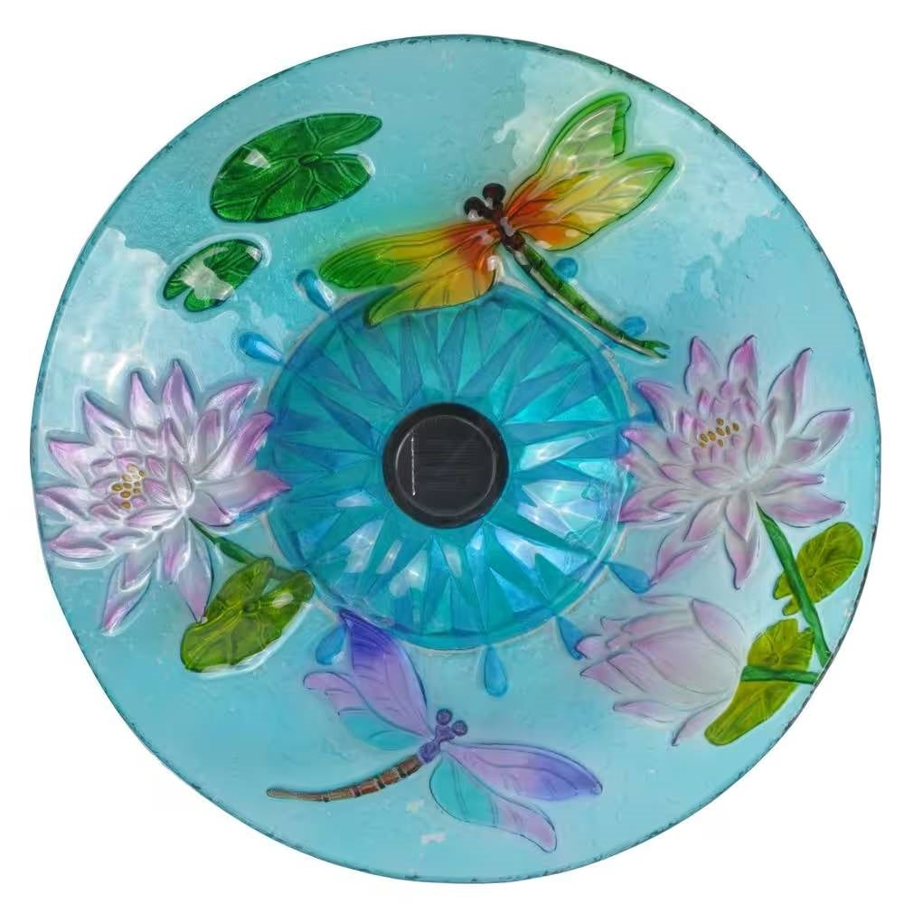Outdoor Glass Bowl Bird Bath with Black Metal Stand and Solar Powered Light FastFurnishings