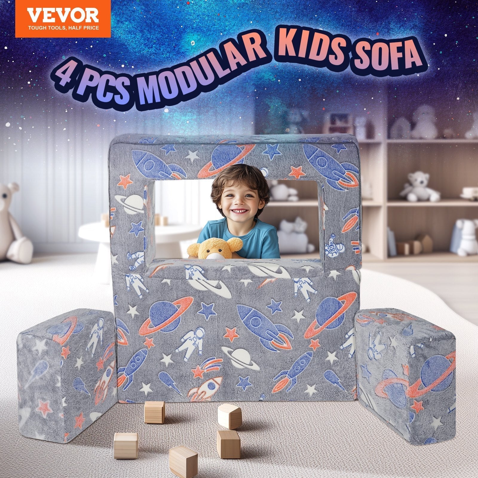 Kids Couch, 4Pcs Toddler Couch Sofa Bed, Kids Chair Seat Playroom Furniture, Child Sectional Sofa with Removable Cover for Kids Girls & Boys, Dark Grey W2B