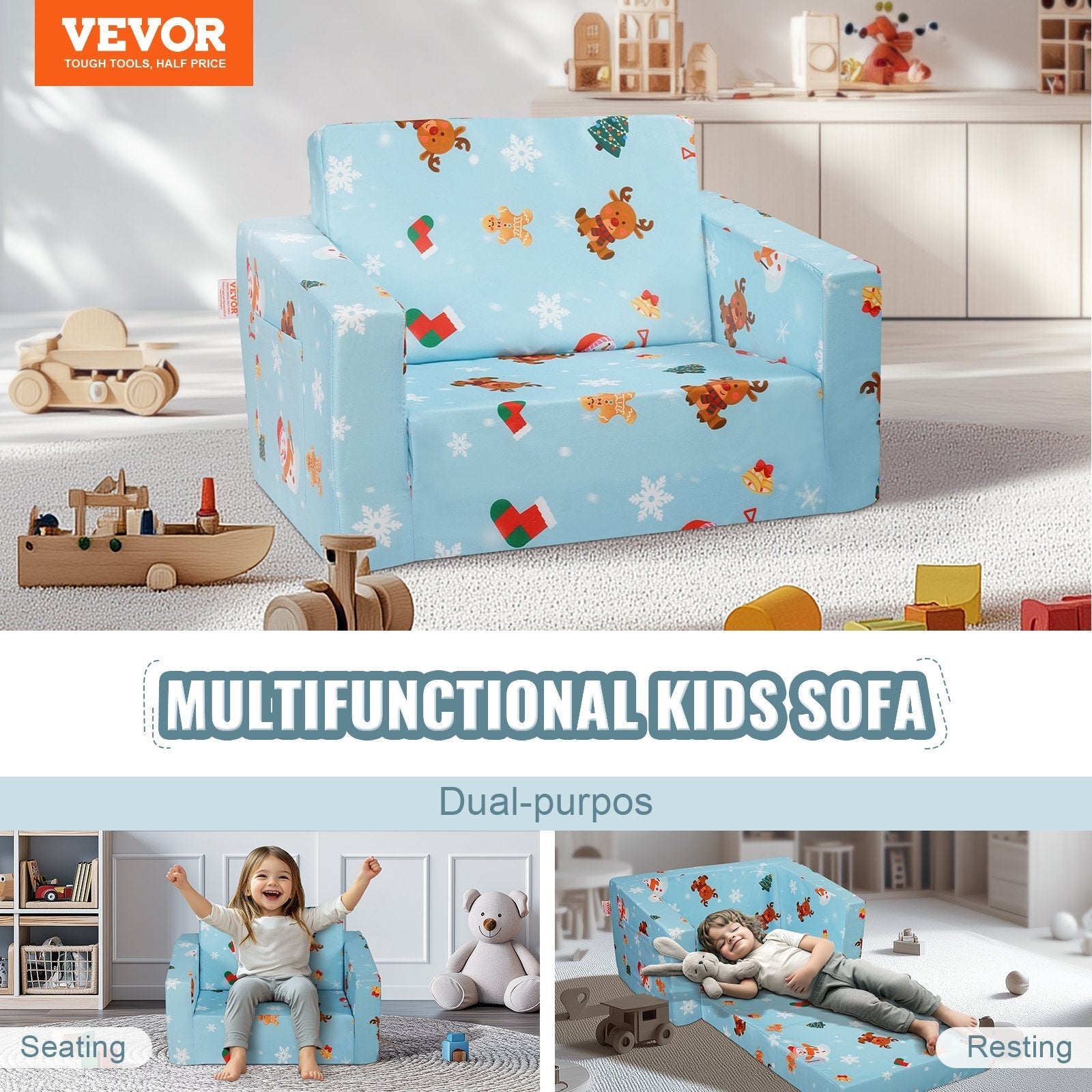 Kids Couch, 2-in-1 Toddler Chairs Comfy, Toddler Couch Sofa Bed Fold Out, Convertible Sofa to Lounger, Kids Chair Seat Playroom Furniture for Kids Girls & Boys, Sky Blue W2B