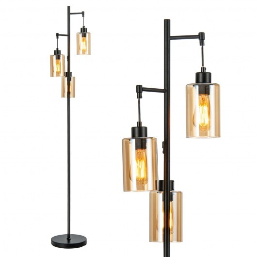 Retro Floor Lamp with 3-Head Hanging Amber Glass Shade W2B