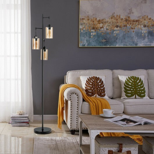 Retro Floor Lamp with 3-Head Hanging Amber Glass Shade W2B