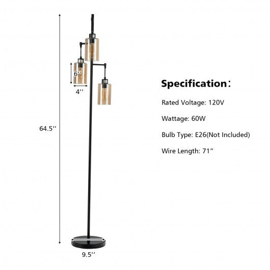 Retro Floor Lamp with 3-Head Hanging Amber Glass Shade W2B