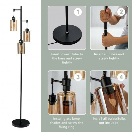 Retro Floor Lamp with 3-Head Hanging Amber Glass Shade W2B