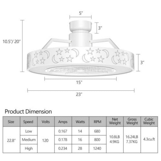 23 Inch Ceiling Fan with LED Light and Remote Control-White W2B