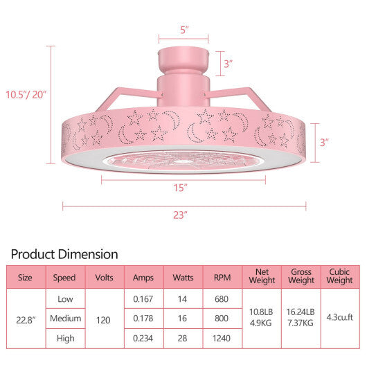 23 Inch Ceiling Fan with LED Light and Remote Control-White W2B