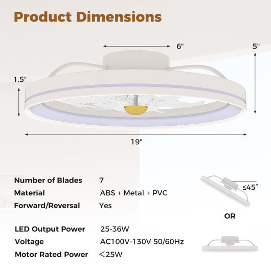 19 Inch Ceiling Fan Low Profile Flush Mount Fan with 3000-6500K Dimmable LED-White W2B