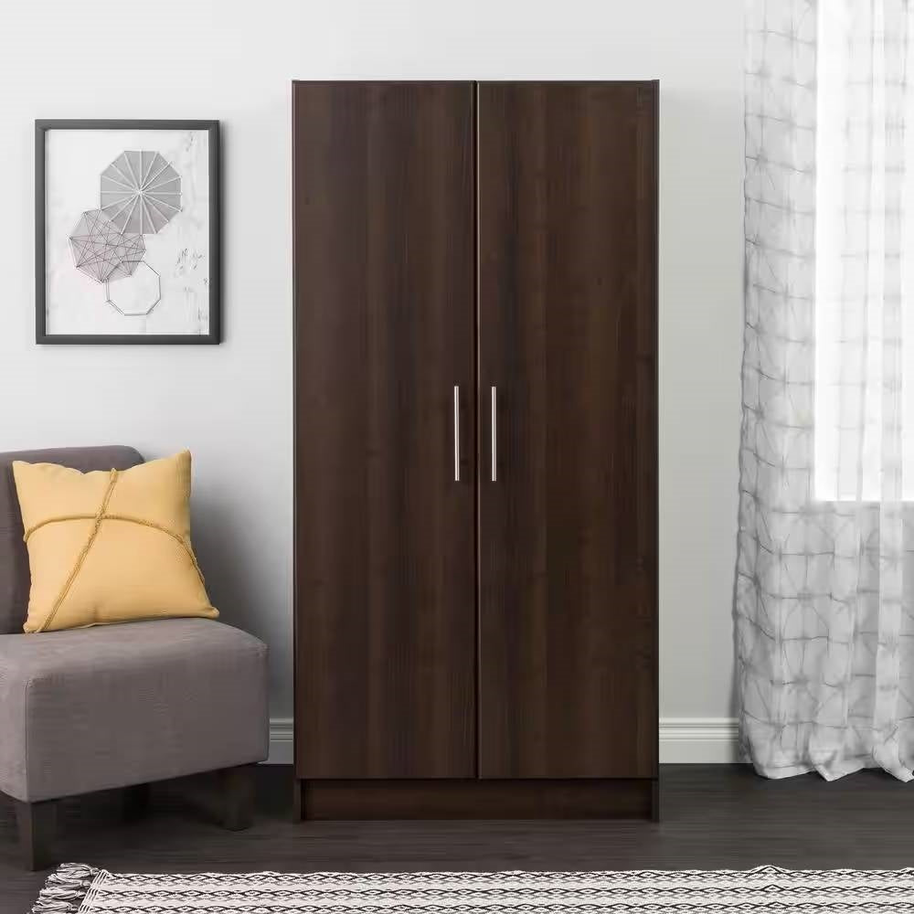Bedroom Armoire Wardrobe Cabinet Closet with Hanging Rail in Brown Wood Finish FastFurnishings