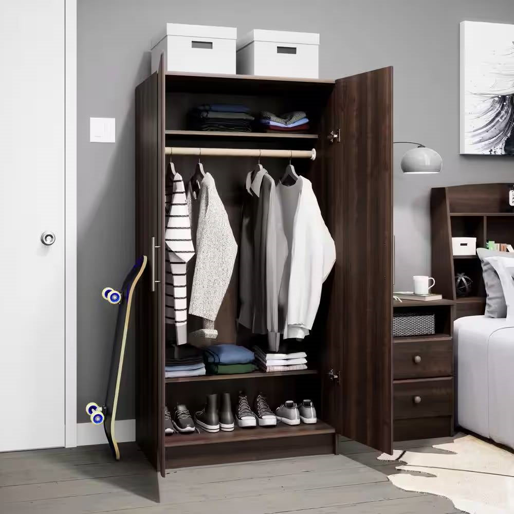 Bedroom Armoire Wardrobe Cabinet Closet with Hanging Rail in Brown Wood Finish FastFurnishings