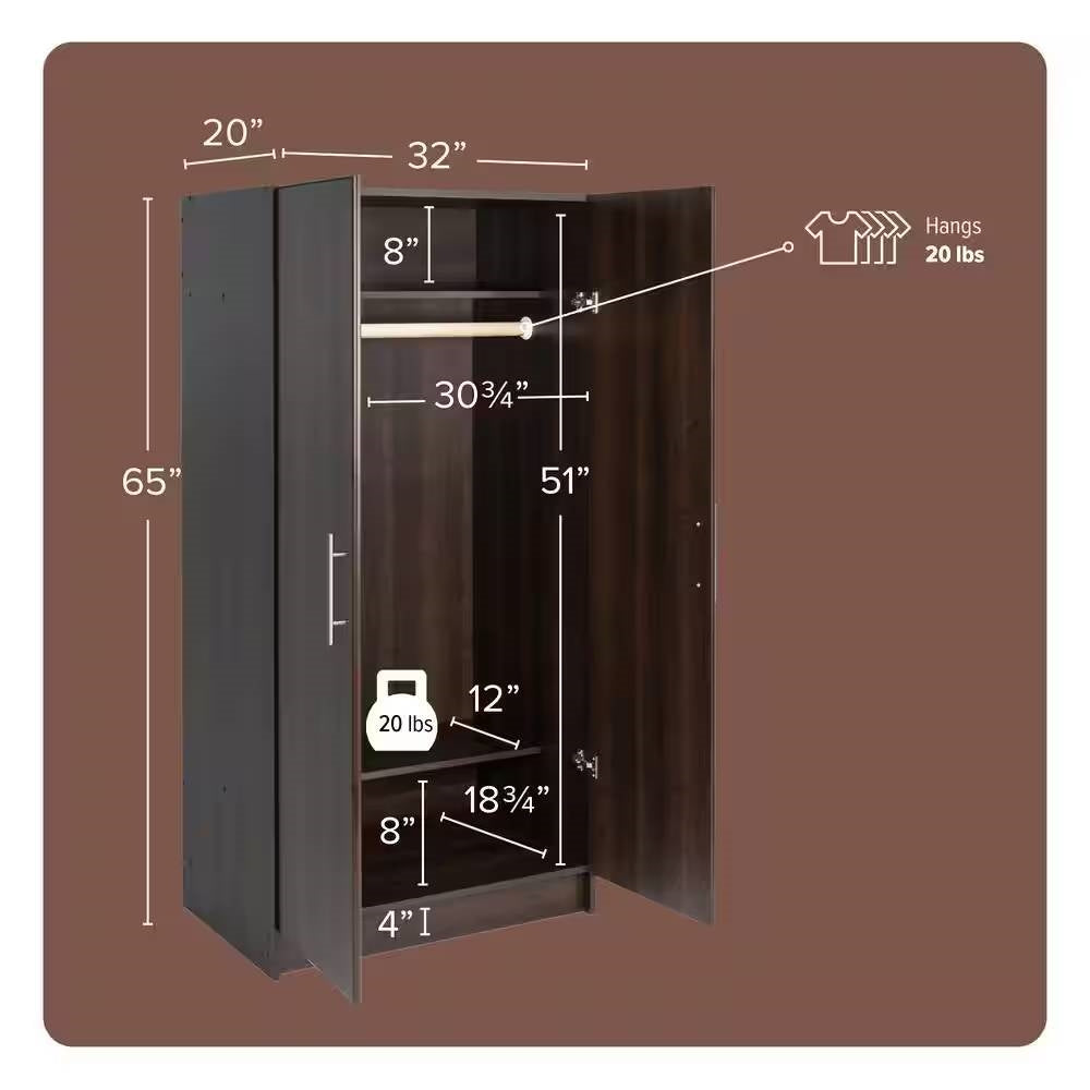 Bedroom Armoire Wardrobe Cabinet Closet with Hanging Rail in Brown Wood Finish FastFurnishings