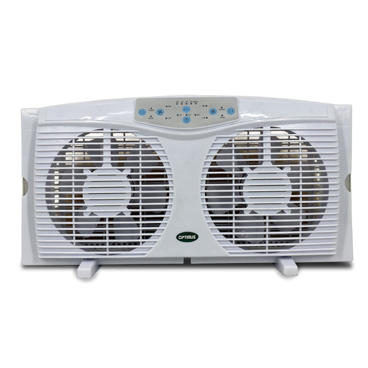 Optimus 8 in. Electric Reversible Twin Window Fan with Thermostat & LED