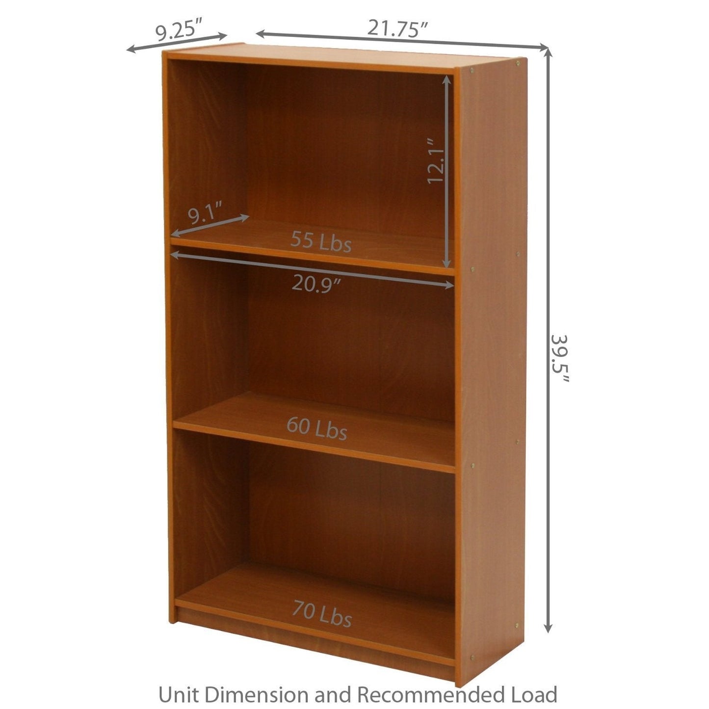 Light Cherry Finish 3-Tier Storage Shelves Bookcase FastFurnishings