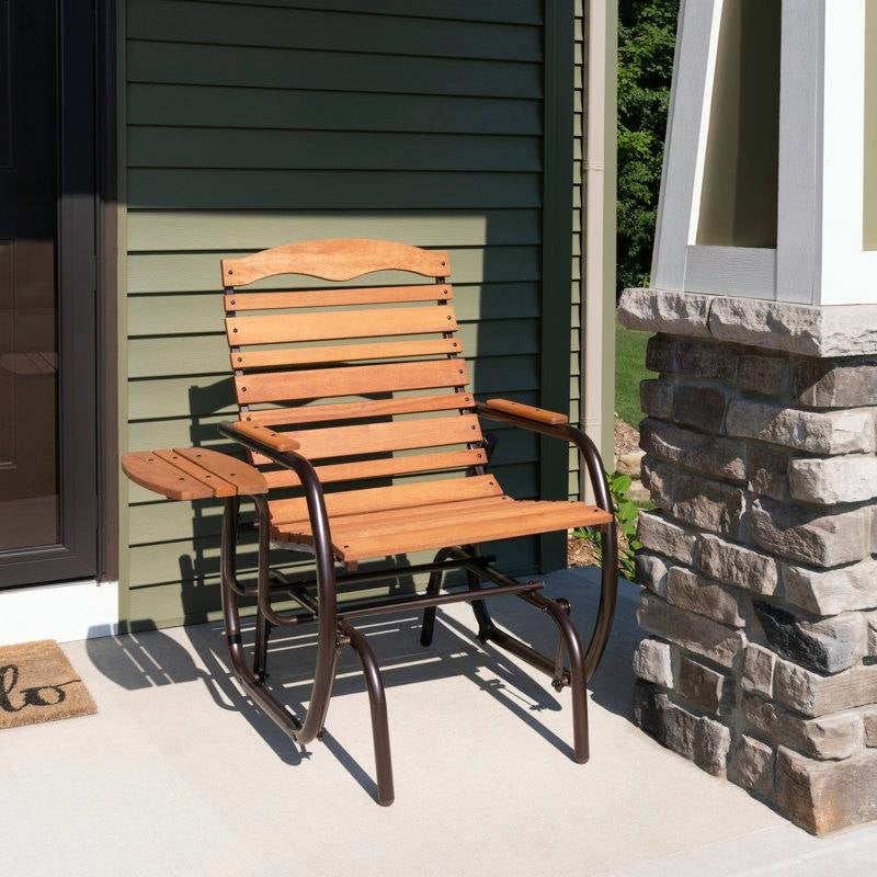 Farmhouse Steel Frame Outdoor Glider Chair with Wood Slats and Side Tray Table FastFurnishings
