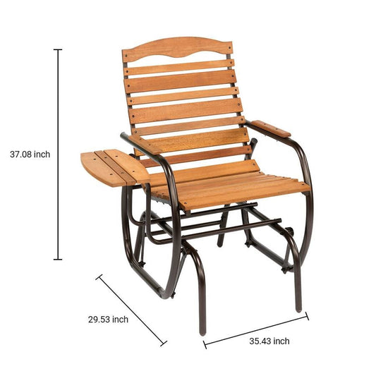 Farmhouse Steel Frame Outdoor Glider Chair with Wood Slats and Side Tray Table FastFurnishings