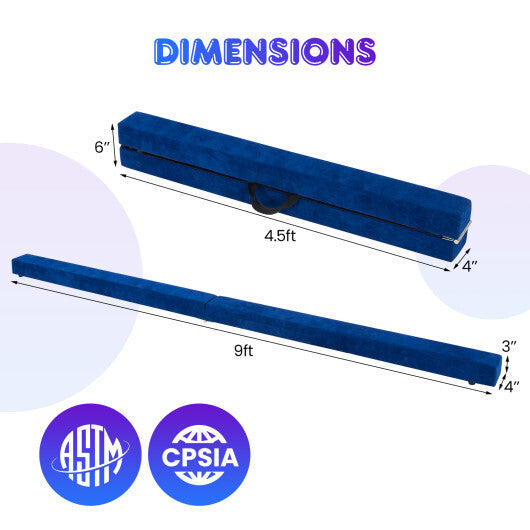 9 FT Folding Gymnastics Balance Beam with Anti-slip Base and Pine Wood Frame-Blue