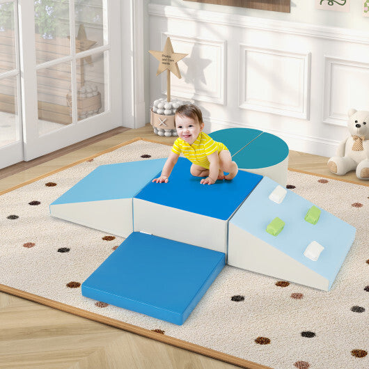 6-Piece Soft Play Set for Toddlers with Climbing Triangle and Ramp-Blue W2B