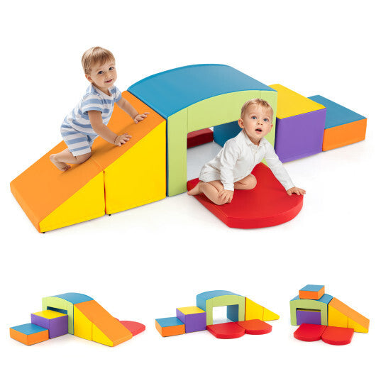 6 Pieces Foam Climbing Blocks Soft Play Climbing for Toddlers with Tunnel-Beige W2B