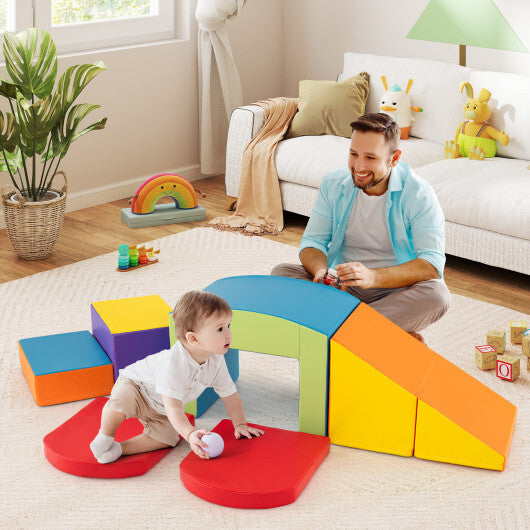 6 Pieces Foam Climbing Blocks Soft Play Climbing for Toddlers with Tunnel-Beige W2B