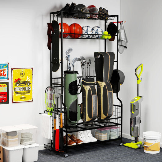 Mobile Sports Equipment Organizer with Golf Bags Storage and Club Rack-Black W2B