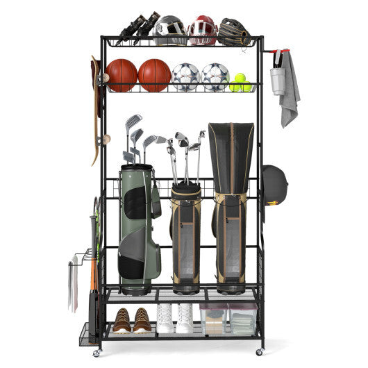 Mobile Sports Equipment Organizer with Golf Bags Storage and Club Rack-Black W2B