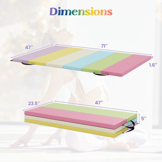 PU Leather Tri-Folding Gymnastics Tumbling Mat with Carrying Handles-Macaron