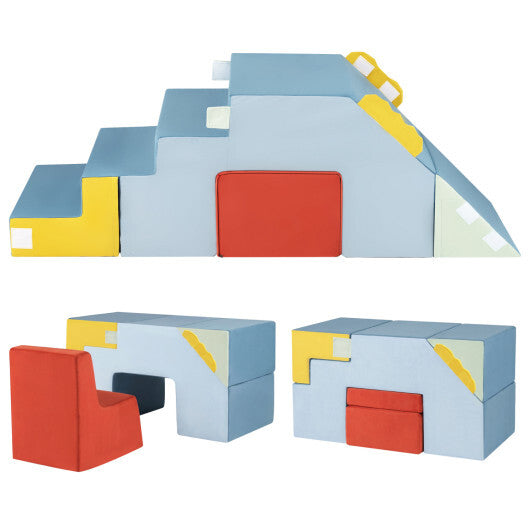 Kids Soft Foam Blocks with Velvet Covers Convertible Table and Chair Set-Blue W2B