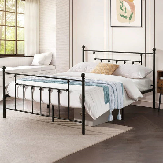 Full size Vintage Style Black Metal Platform Bed Frame with Headboard Footboard FastFurnishings