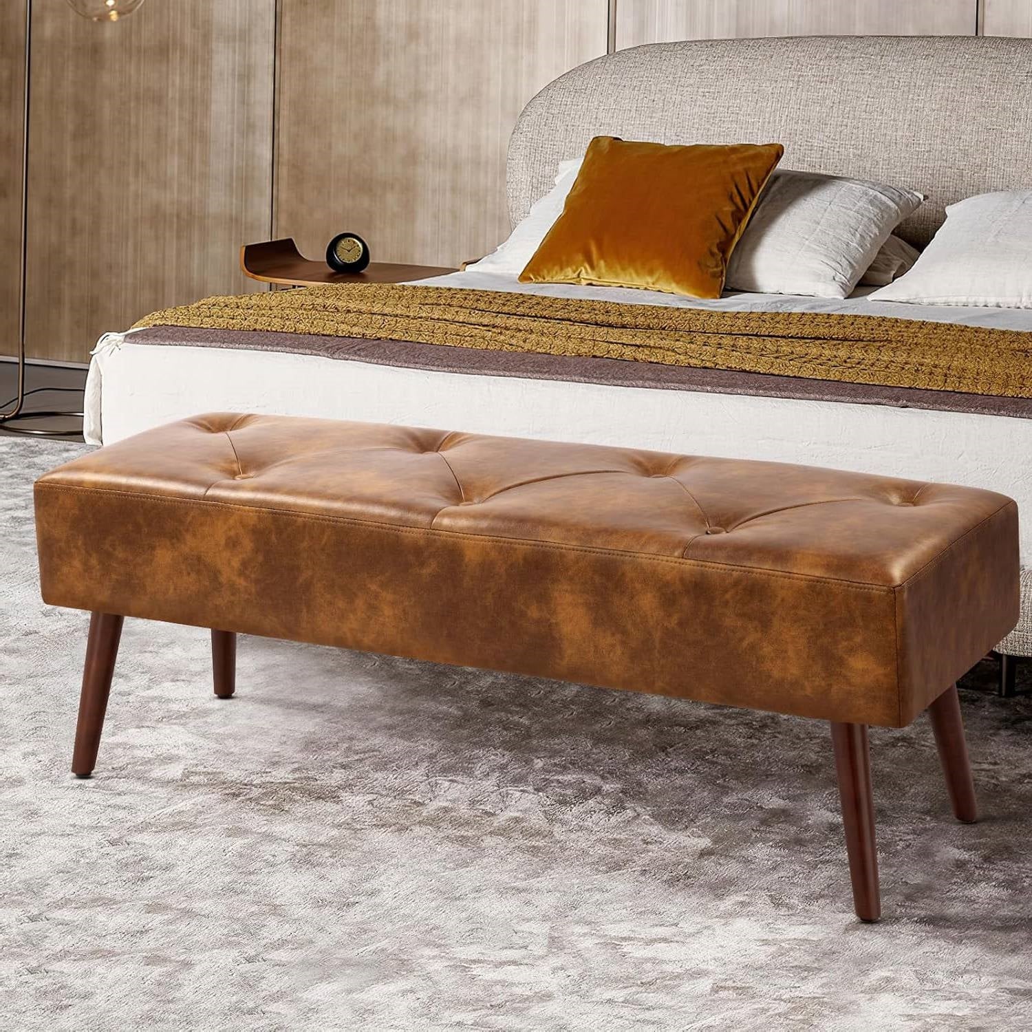 Mid-Century End of Bed Bench with Brown Leather Upholstered Seat Solid Wood Legs FastFurnishings