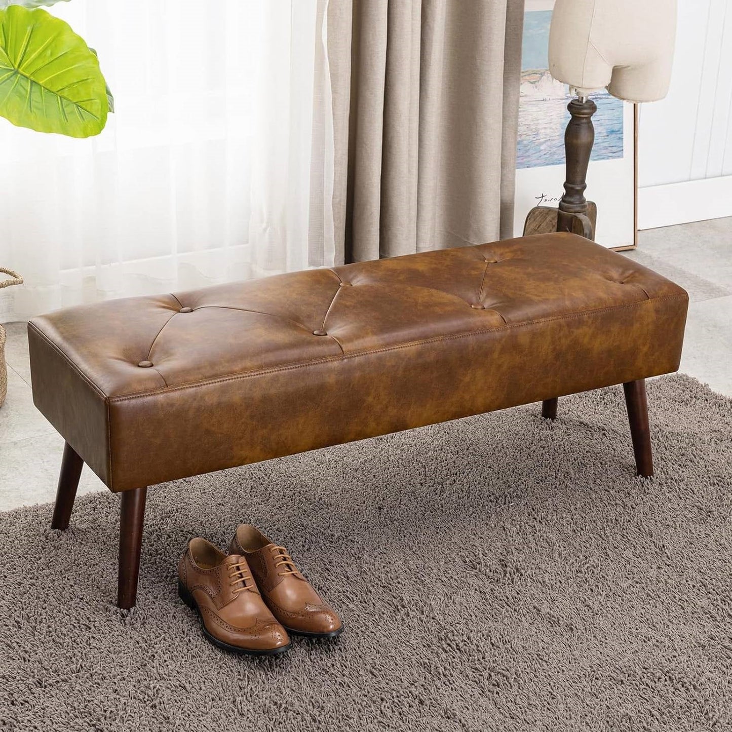 Mid-Century End of Bed Bench with Brown Leather Upholstered Seat Solid Wood Legs FastFurnishings