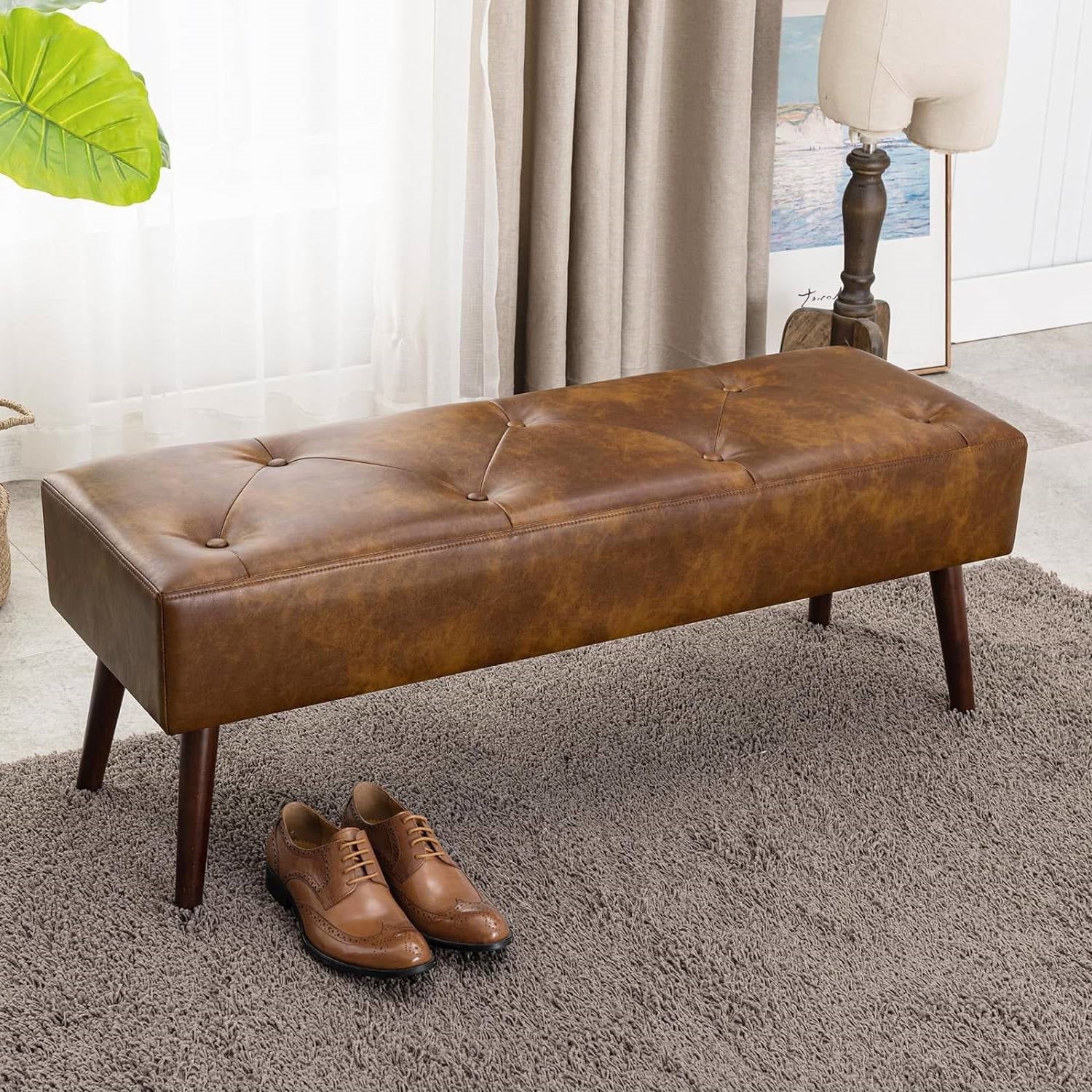 Mid-Century End of Bed Bench with Brown Leather Upholstered Seat Solid Wood Legs FastFurnishings