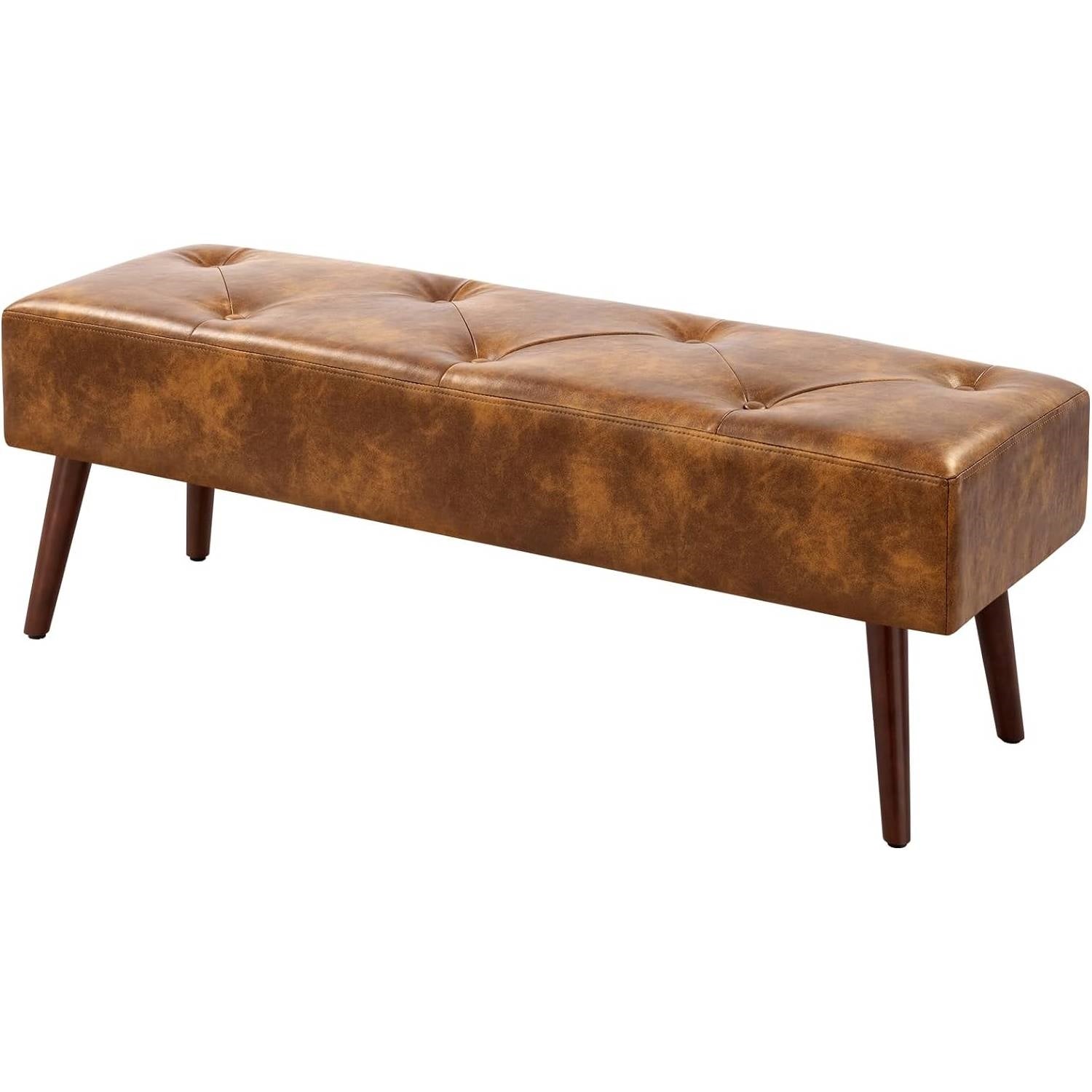 Mid-Century End of Bed Bench with Brown Leather Upholstered Seat Solid Wood Legs FastFurnishings