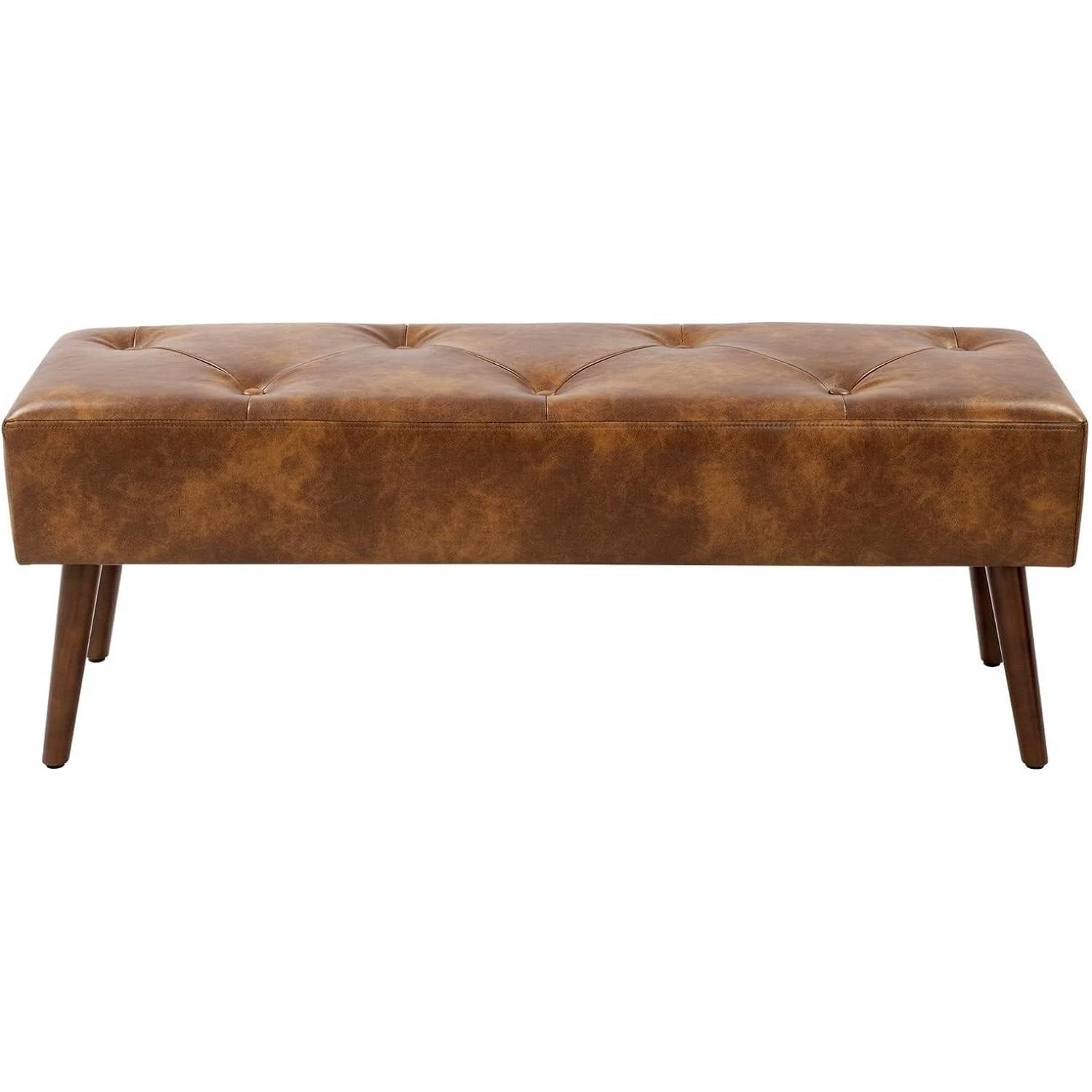 Mid-Century End of Bed Bench with Brown Leather Upholstered Seat Solid Wood Legs FastFurnishings