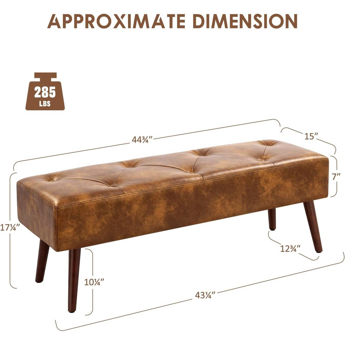 Mid-Century End of Bed Bench with Brown Leather Upholstered Seat Solid Wood Legs FastFurnishings