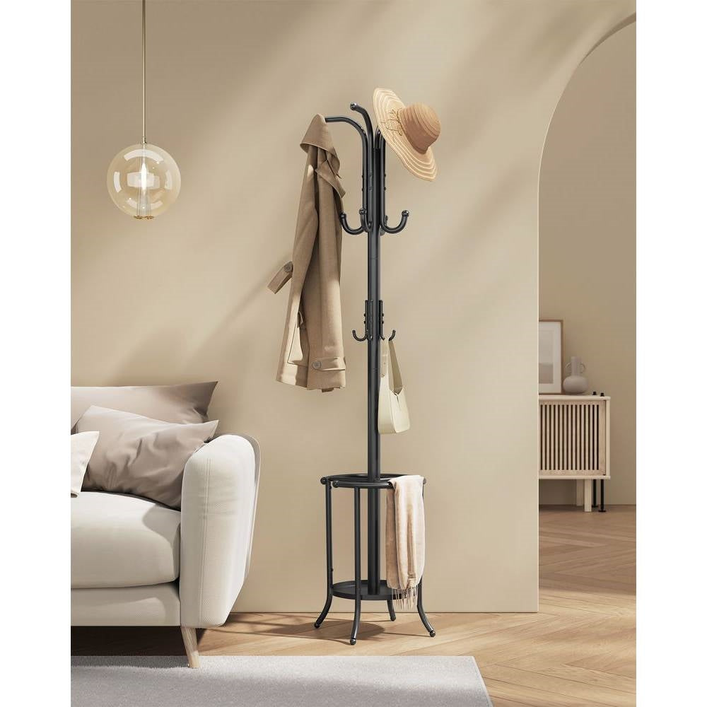 Heavy Duty Black Metal Coat Rack with Umbrella Holder FastFurnishings