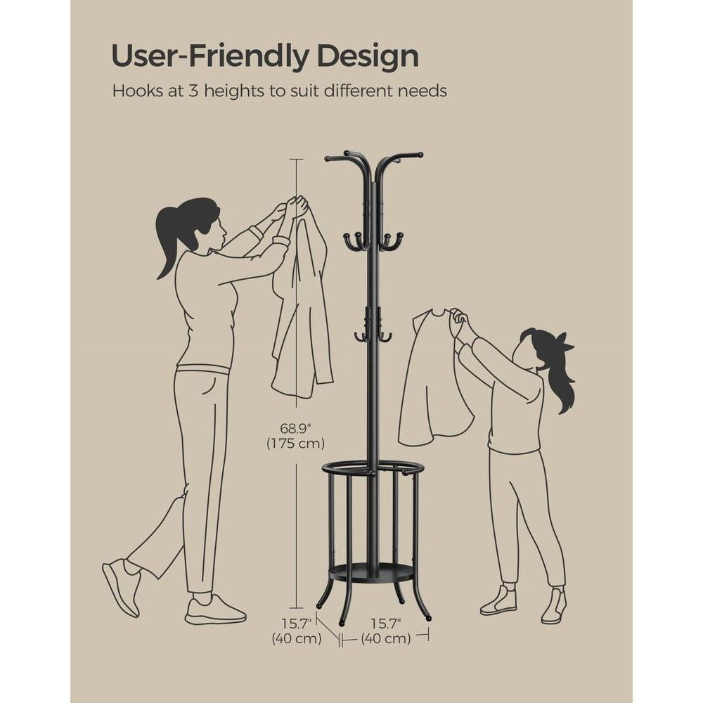 Heavy Duty Black Metal Coat Rack with Umbrella Holder FastFurnishings
