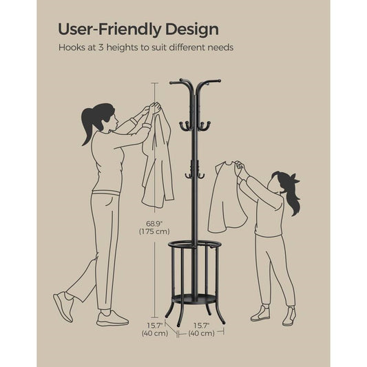 Heavy Duty Black Metal Coat Rack with Umbrella Holder FastFurnishings