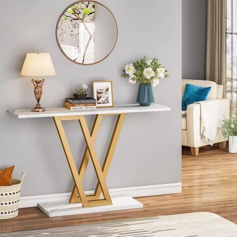 Modern Industrial Console Table with Faux White Marble Top and Gold Frame LuxuryLifeWay Online Store