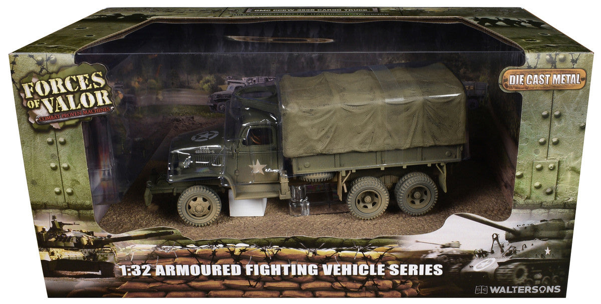 GMC CCKW-353B Cargo Truck with Cover "1st Infantry Division Weymouth England World War II" (1944) United States Army with Figures "Armoured Fighting Vehicle" Series 1/32 Diecast Model by Forces of Valor-0