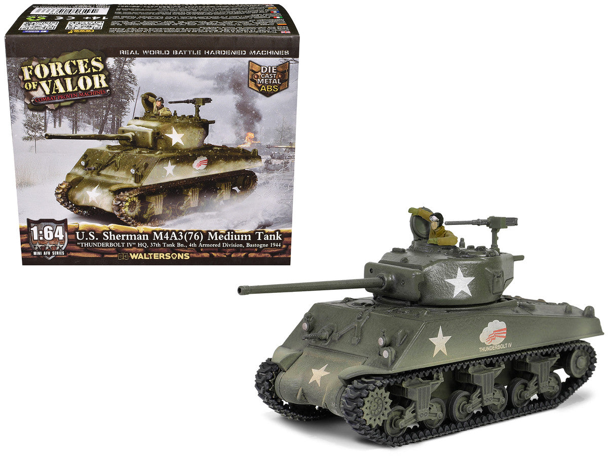 U.S. Sherman M4A3(76) Medium Tank "THUNDERBOLT IV 37th Tank Battalion 4th Armored Division Bastogne" (1944) United States Army "Mini AFV" Series 1/64 Diecast Model by Forces of Valor Forces Of Valor
