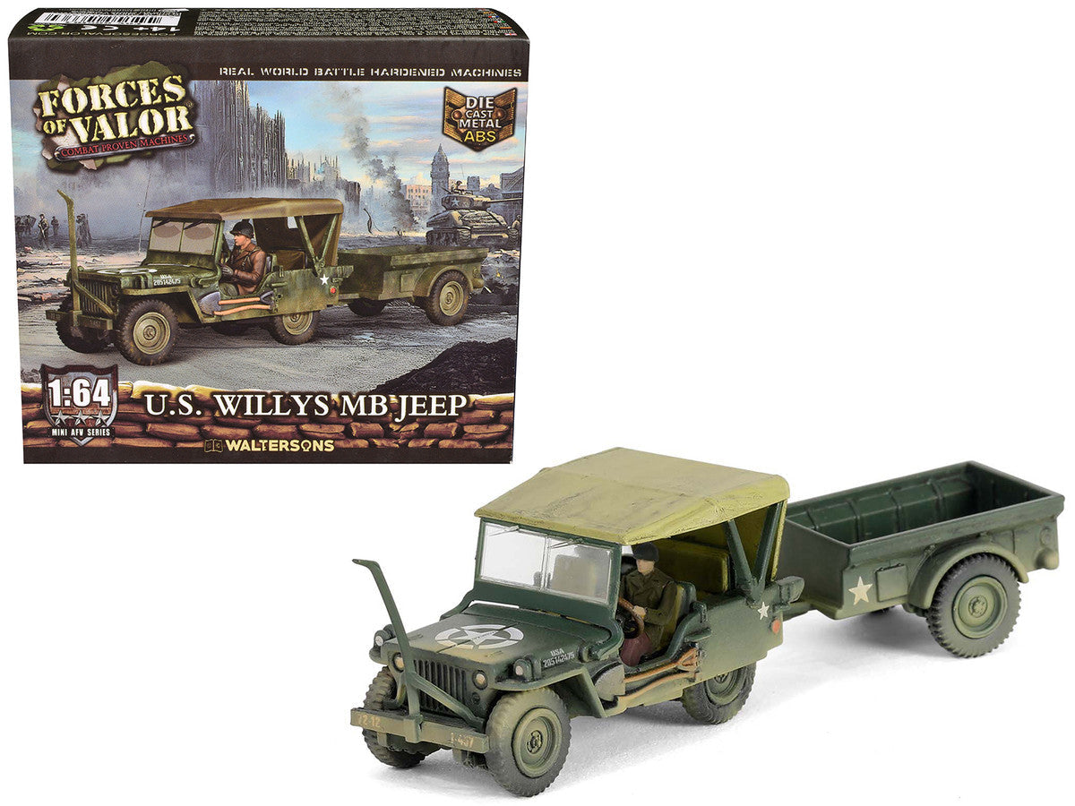 Willys MB Jeep with Trailer Olive Drab (Weathered) with Driver Figure "United States Army" "Mini AFV" Series 1/64 Diecast Model by Forces of Valor Forces Of Valor