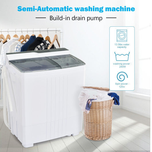 Twin Tub Portable Washing Machine with Timer Control and Drain Pump for Apartment-Gray W2B