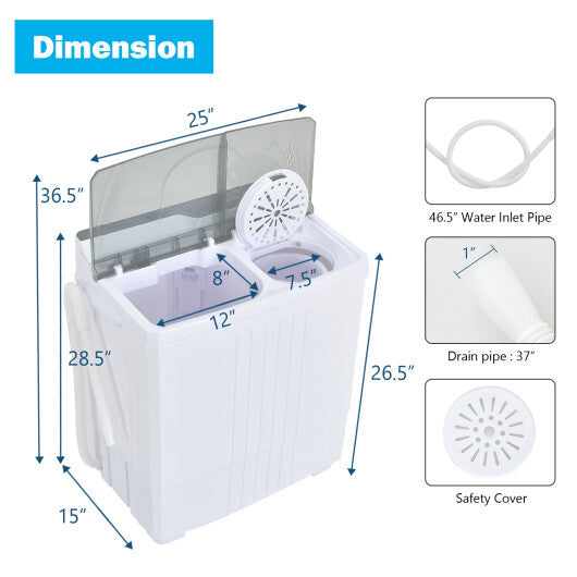 Twin Tub Portable Washing Machine with Timer Control and Drain Pump for Apartment-Gray W2B