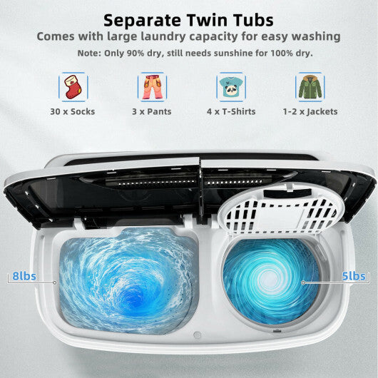 8 Lbs Compact Mini Twin Tub Washing Spiner Machine for Home and Apartment W2B
