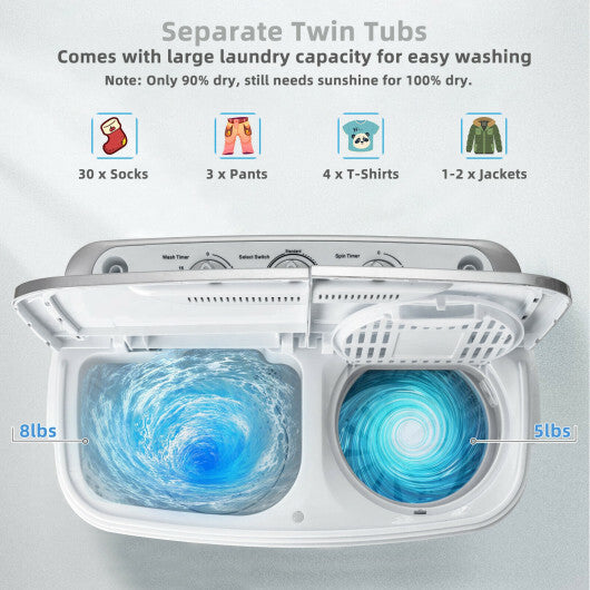 8 Lbs Compact Mini Twin Tub Washing Spiner Machine for Home and Apartment W2B