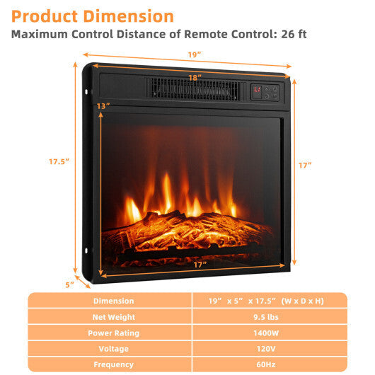 18 Inch Electric Fireplace Inserted with Adjustable LED Flame W2B