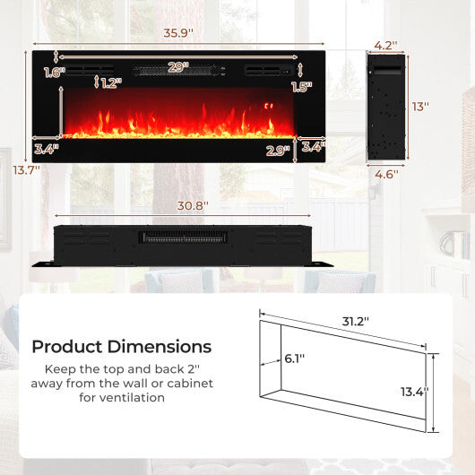36 Inches Electric Fireplace Heater Recessed with LED Strip Lights and Remote Control W2B