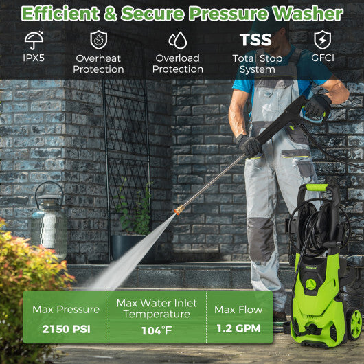 2150PSI Electric Pressure Washer 1.2GPM with 4 Quick Connect Nozzles and Foam Cannon-Green W2B
